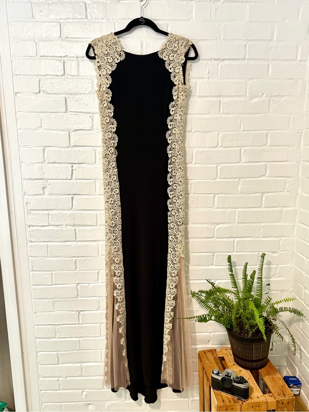 NYC Designer Black Evening Dress with Cream Vintage Style Lace-Trim Evening